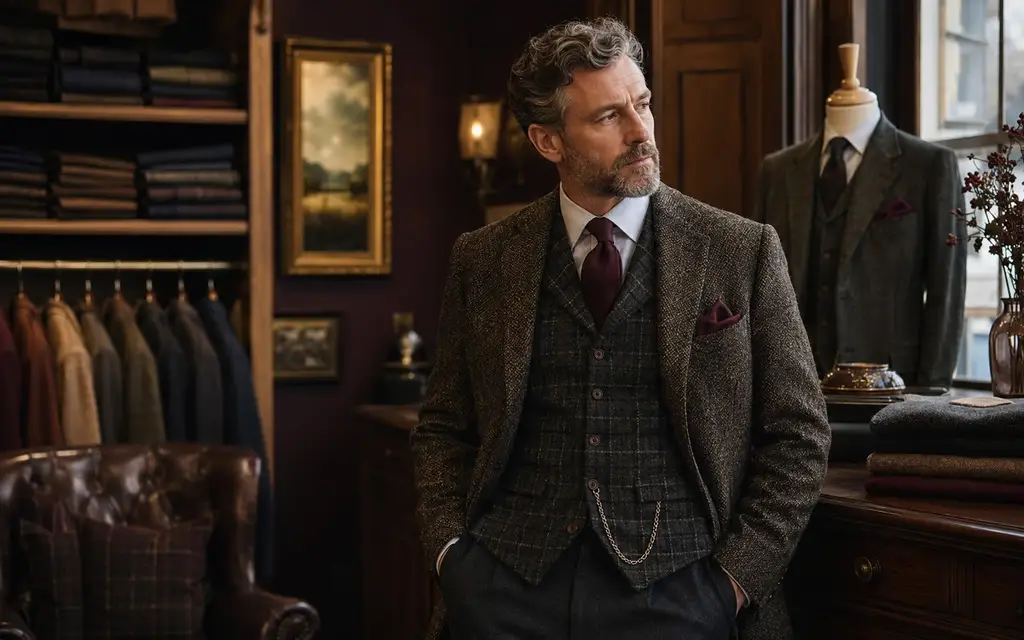 English country tailoring with a checked waistcoat