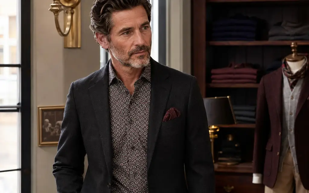Patterned shirt styled beneath a charcoal blazer
