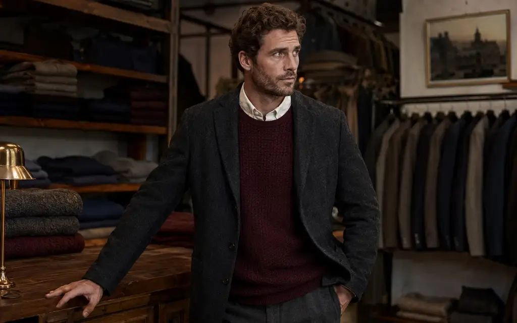 Textured knitwear layered with a casual jacket